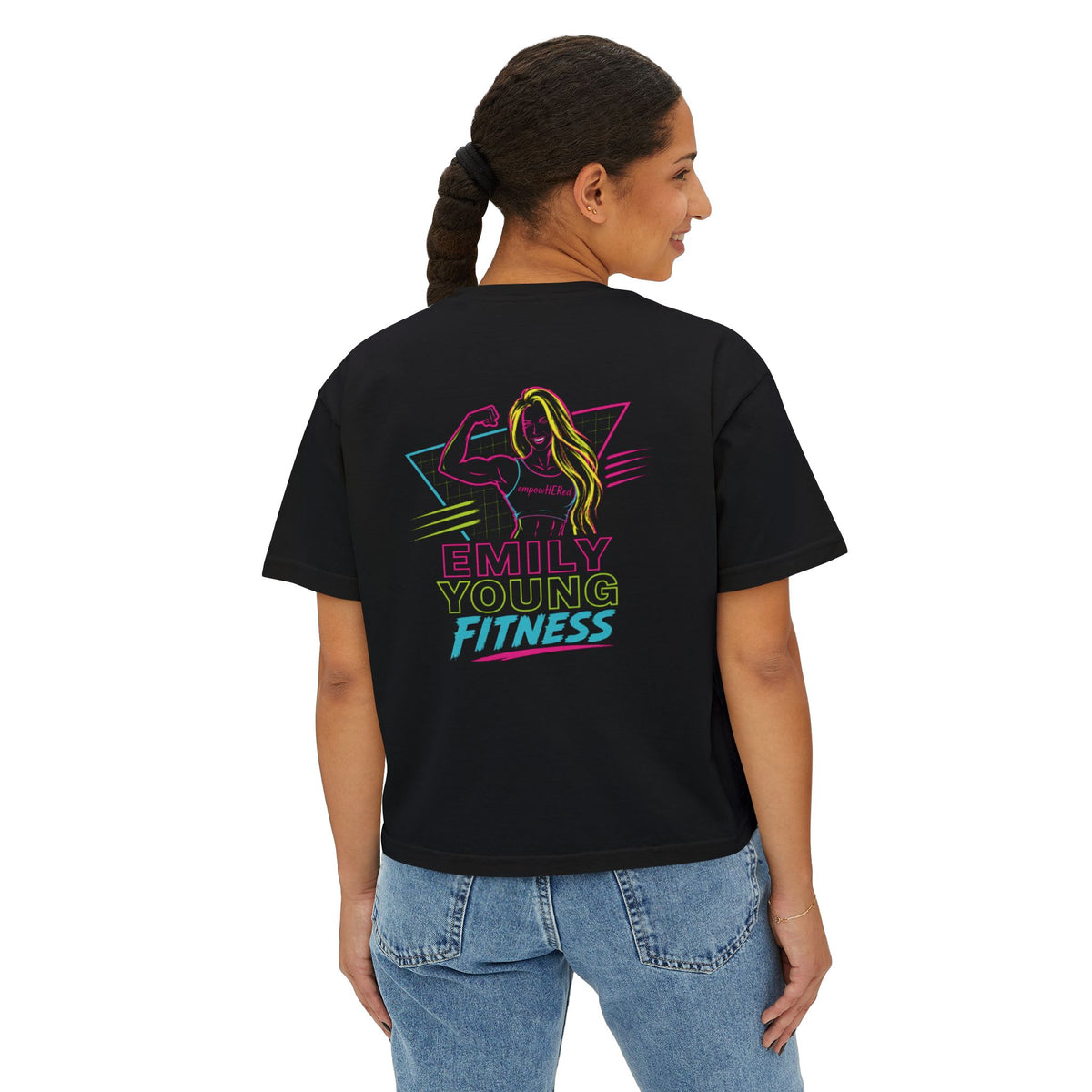 Emily Young Fitness - Babes of Steel Women's Boxy Tee — Retro Neon Fitness Crop Top