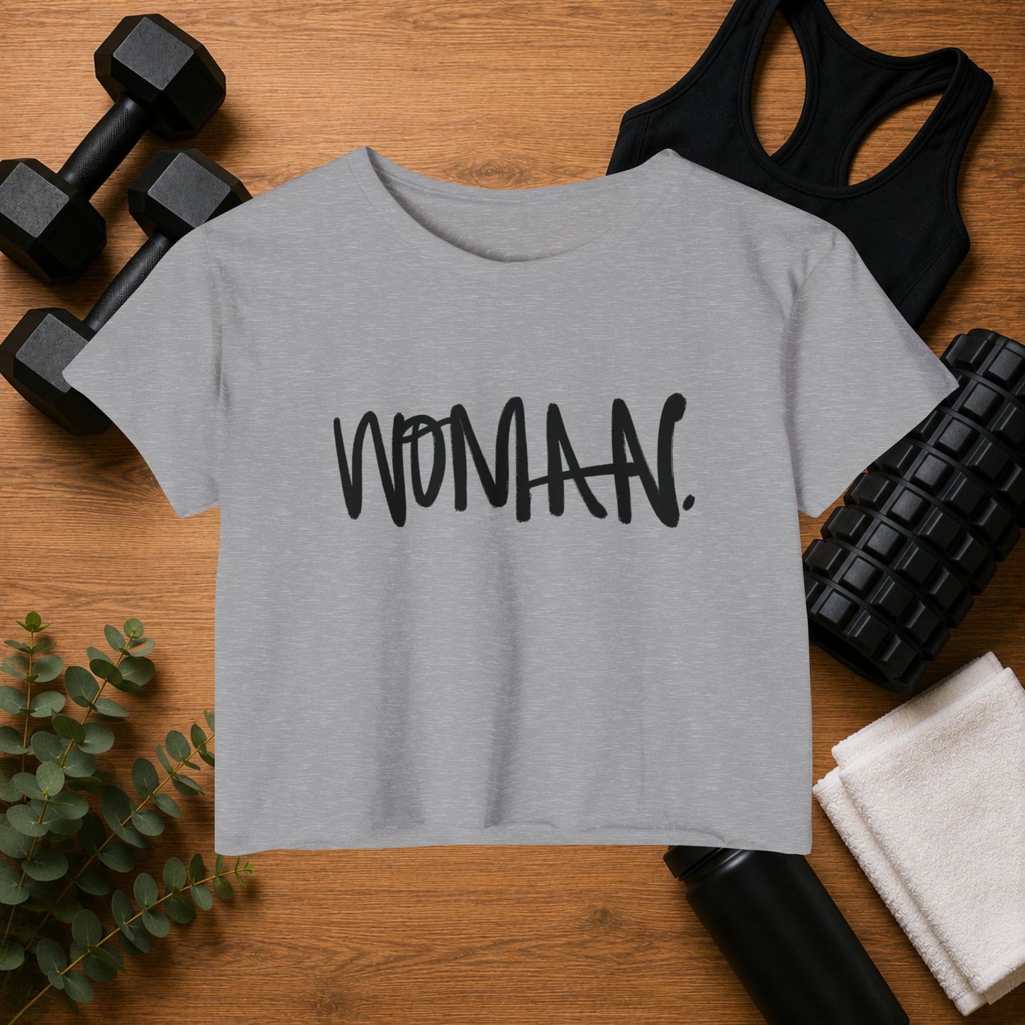 Emily Young Fitness Women's Crop Top — 'Woman' Script Graphic
