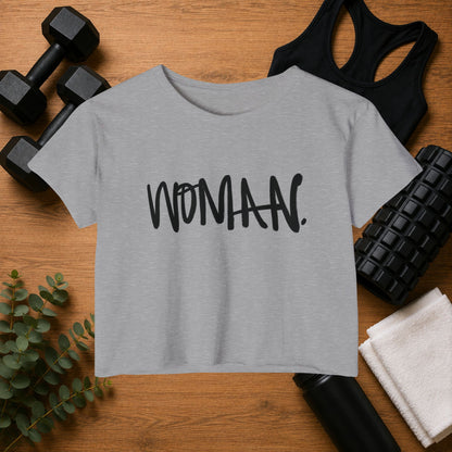 Emily Young Fitness Women's Crop Top — 'Woman' Script Graphic