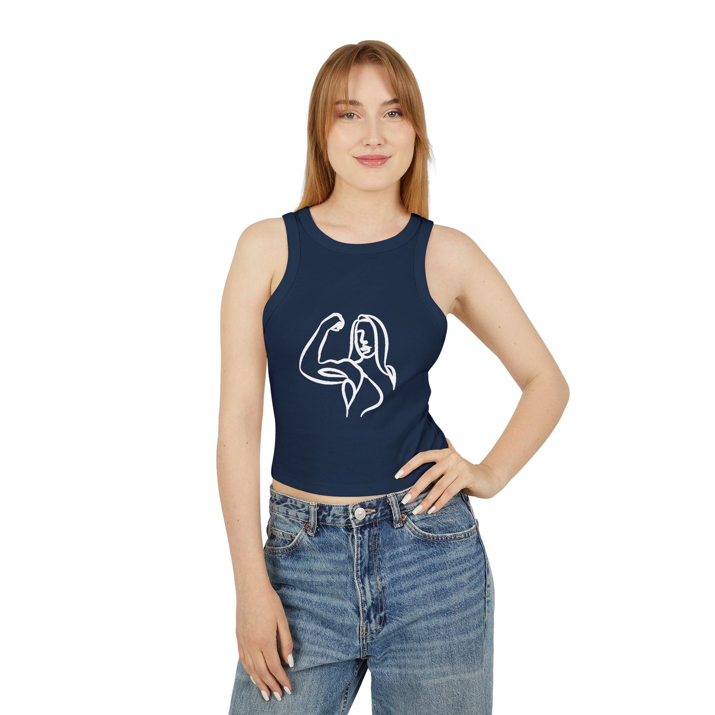 Emily Young Fitness Women's Racer Tank — Minimal Line Art Muscle Pose Crop Top