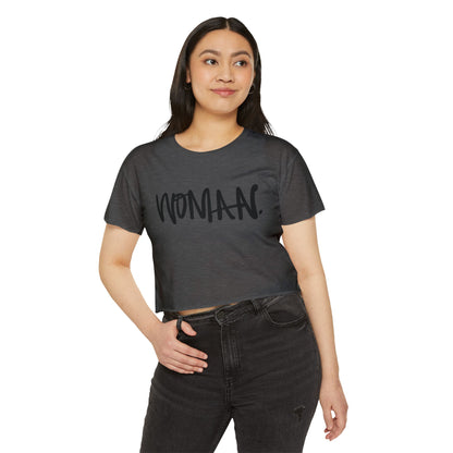 Emily Young Fitness Women's Crop Top — 'Woman' Script Graphic