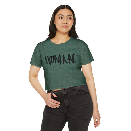 Emily Young Fitness Women's Crop Top — 'Woman' Script Graphic