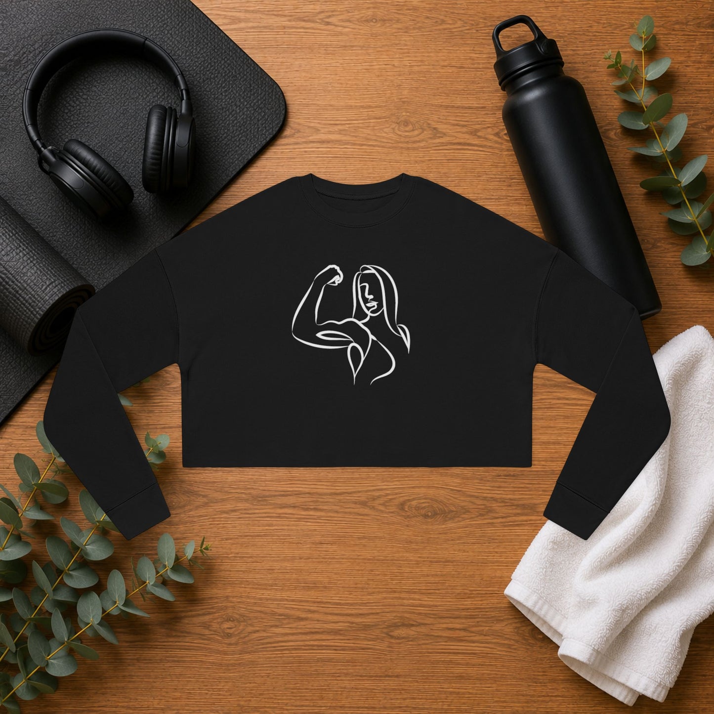 Emily Young Fitness — Women's Cropped Sweatshirt "Strong Woman" Line Drawing Minimalist Gym Top