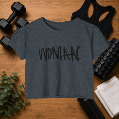 Emily Young Fitness Women's Crop Top — 'Woman' Script Graphic