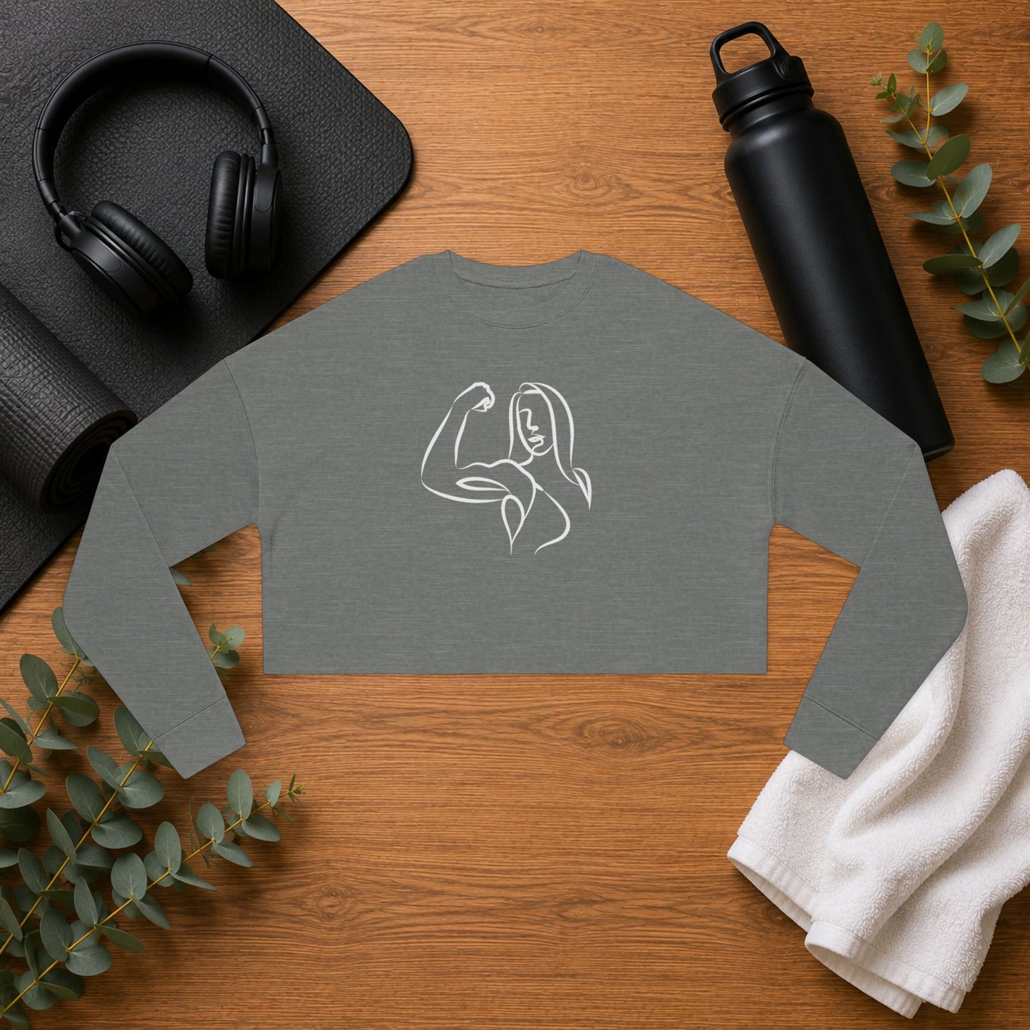 Emily Young Fitness — Women's Cropped Sweatshirt "Strong Woman" Line Drawing Minimalist Gym Top