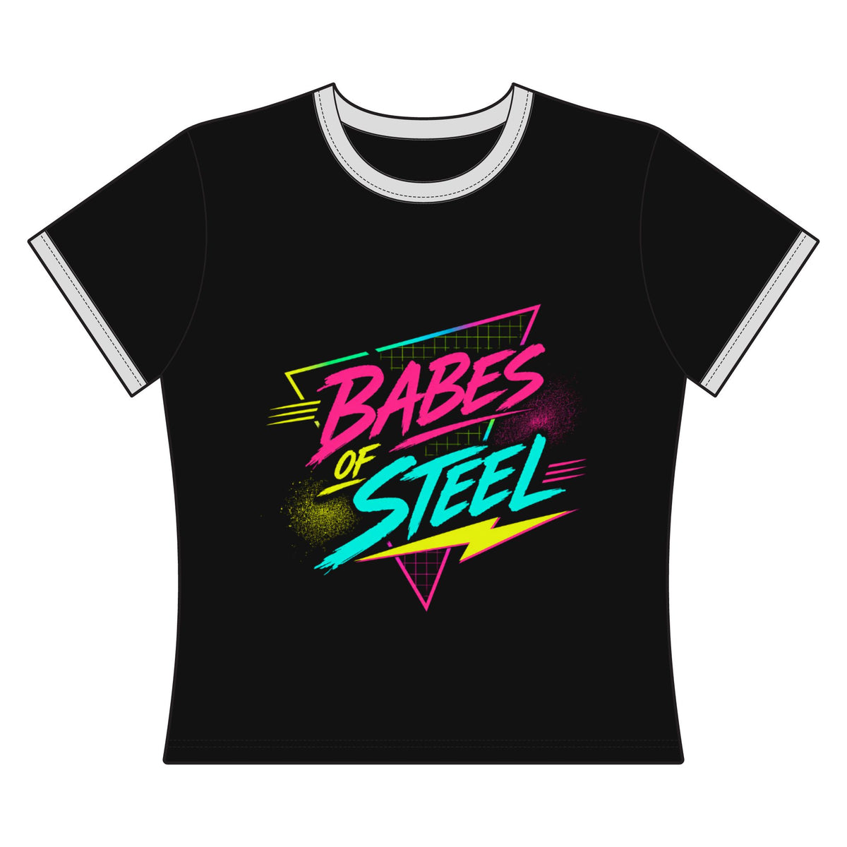 Women's Ringer Tee — 'Babes of Steel' Neon Fitness Graphic Tee