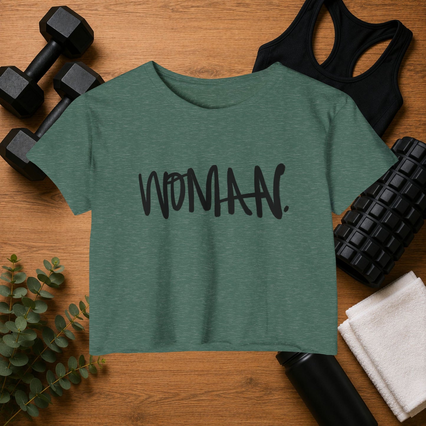 Emily Young Fitness Women's Crop Top — 'Woman' Script Graphic