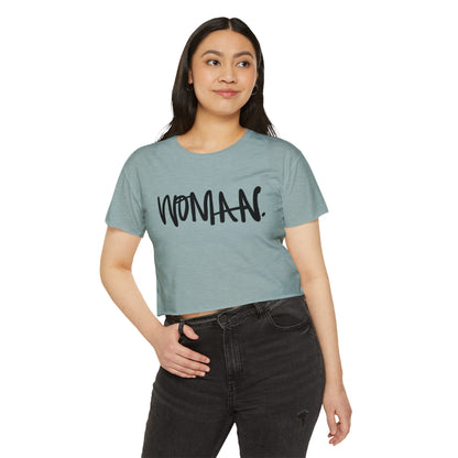 Emily Young Fitness Women's Crop Top — 'Woman' Script Graphic