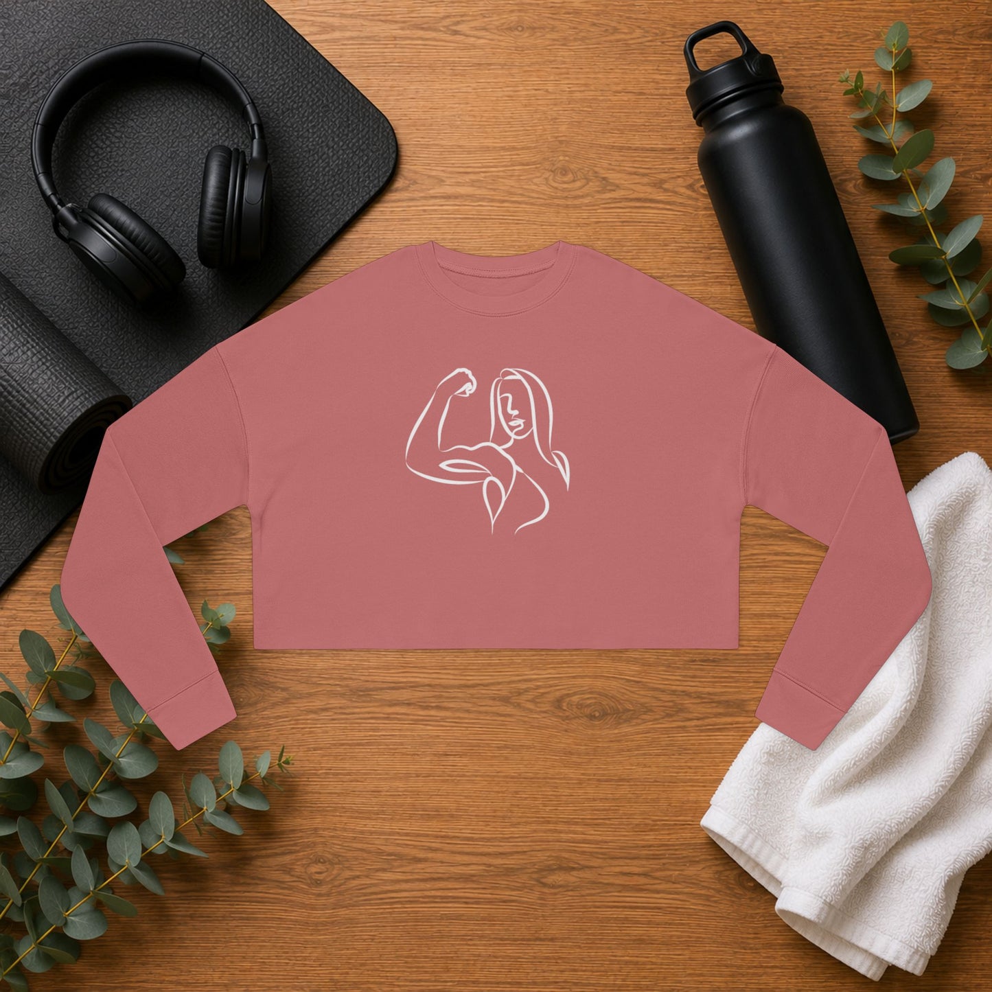 Emily Young Fitness — Women's Cropped Sweatshirt "Strong Woman" Line Drawing Minimalist Gym Top