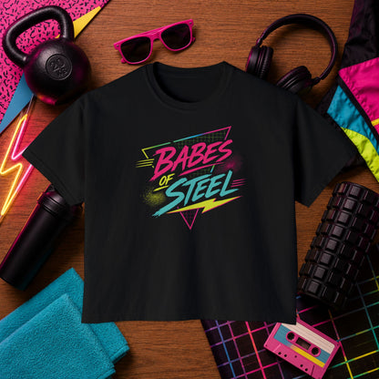 Emily Young Fitness - Babes of Steel Women's Boxy Tee — Retro Neon Fitness Crop Top