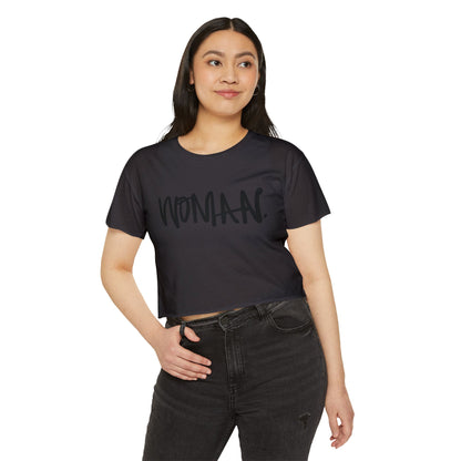 Emily Young Fitness Women's Crop Top — 'Woman' Script Graphic
