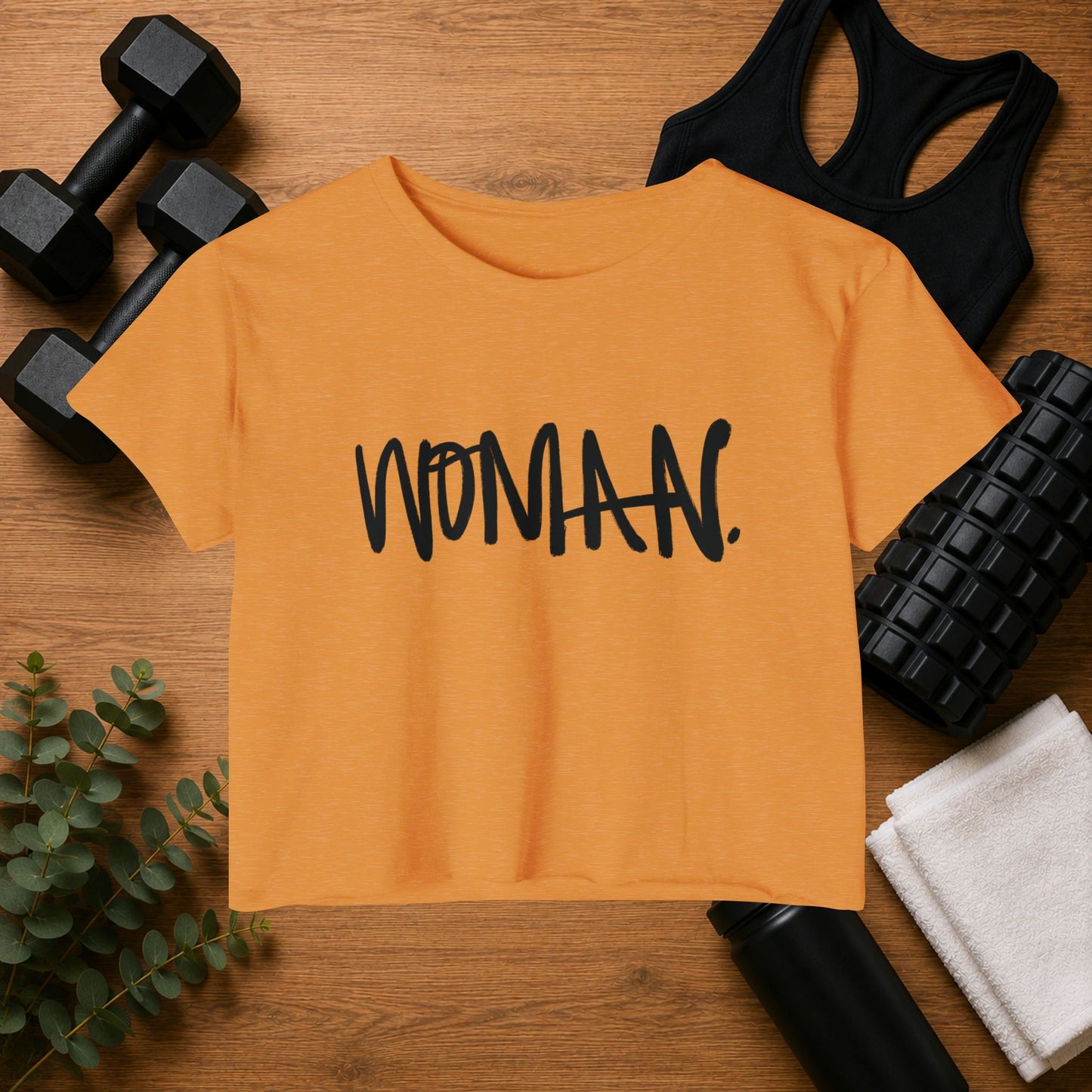 Emily Young Fitness Women's Crop Top — 'Woman' Script Graphic