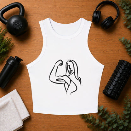 Emily Young Fitness Women's Racer Tank — Minimal Line Art Muscle Pose Crop Top