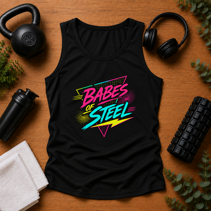 Babes of Steel Crop Tank – Retro Neon Fitness Tank Top
