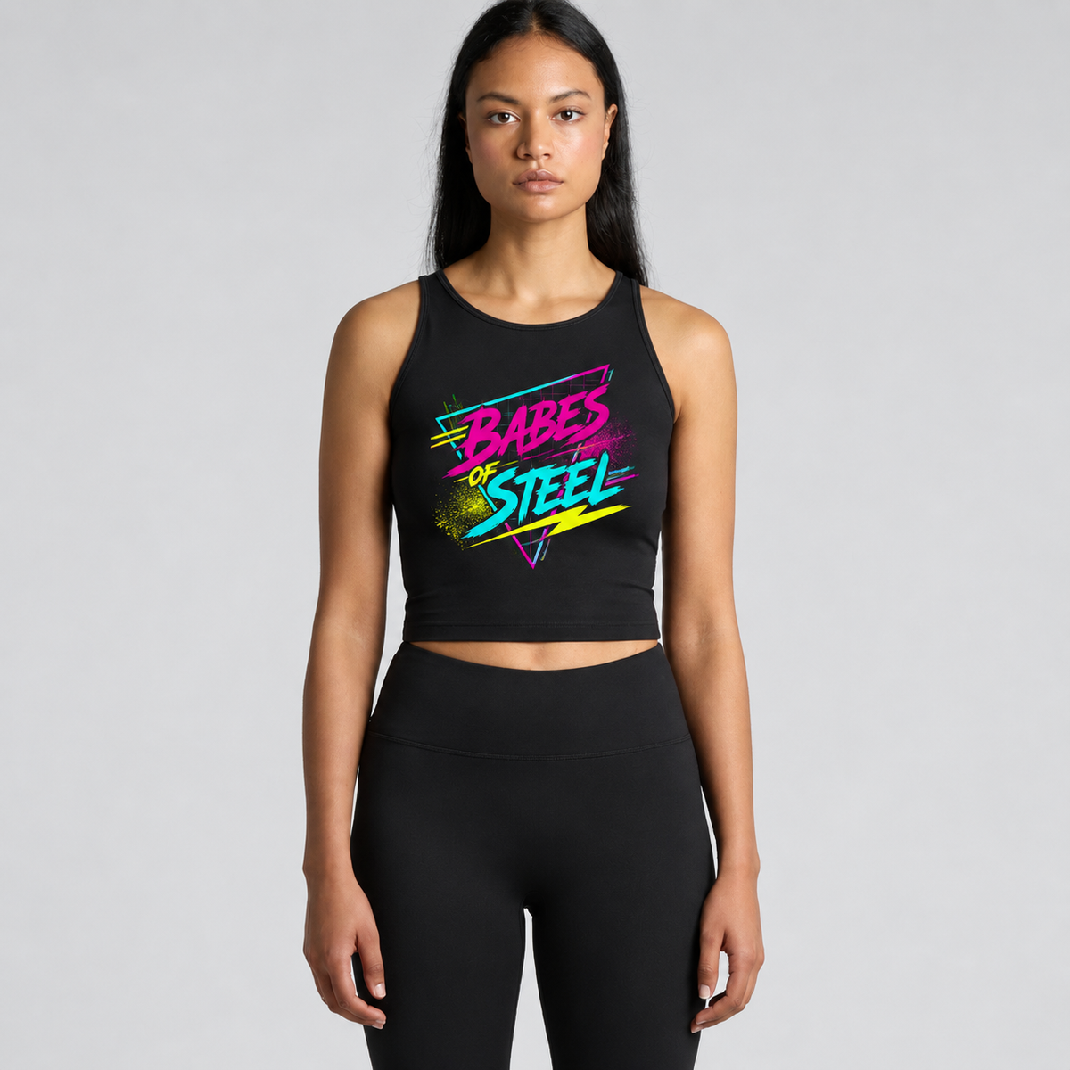 Babes of Steel Crop Tank – Retro Neon Fitness Tank Top