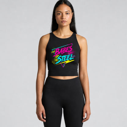 Babes of Steel Crop Tank – Retro Neon Fitness Tank Top