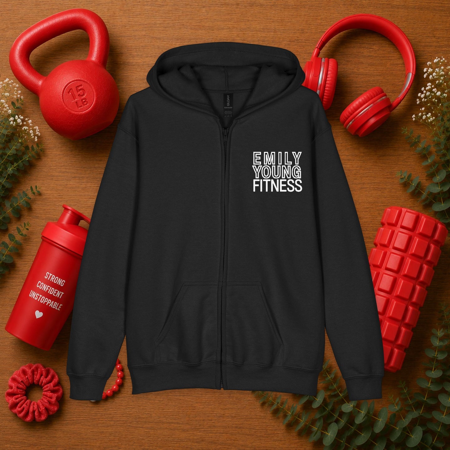 Emily Young Fitness Youth Zipped Hoodie — "PowHERful" Motivational Gym Zip-Up