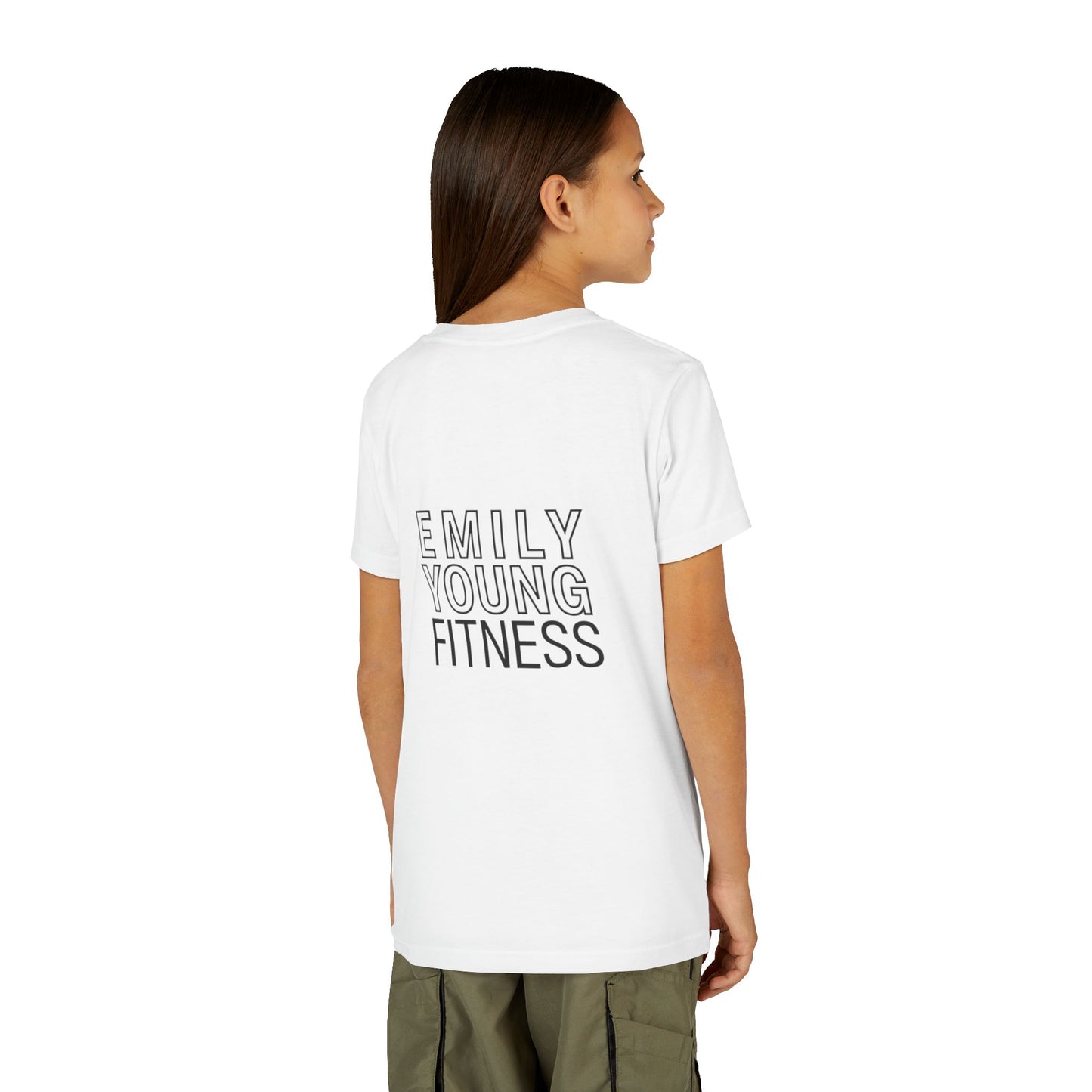 Youth Tee — Minimalist Female Fitness Graphic, 'Emily Young Fitness' Back Logo