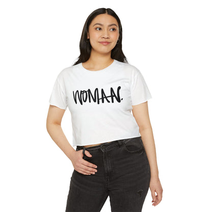 Emily Young Fitness Women's Crop Top — 'Woman' Script Graphic