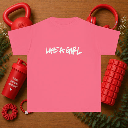 Emily Young Fitness Youth Tee — "LIKE A GIRL" Graphic Workout Shirt