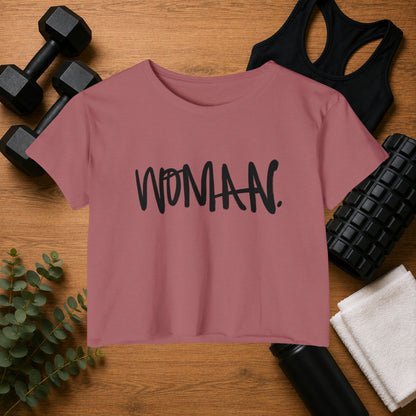 Emily Young Fitness Women's Crop Top — 'Woman' Script Graphic