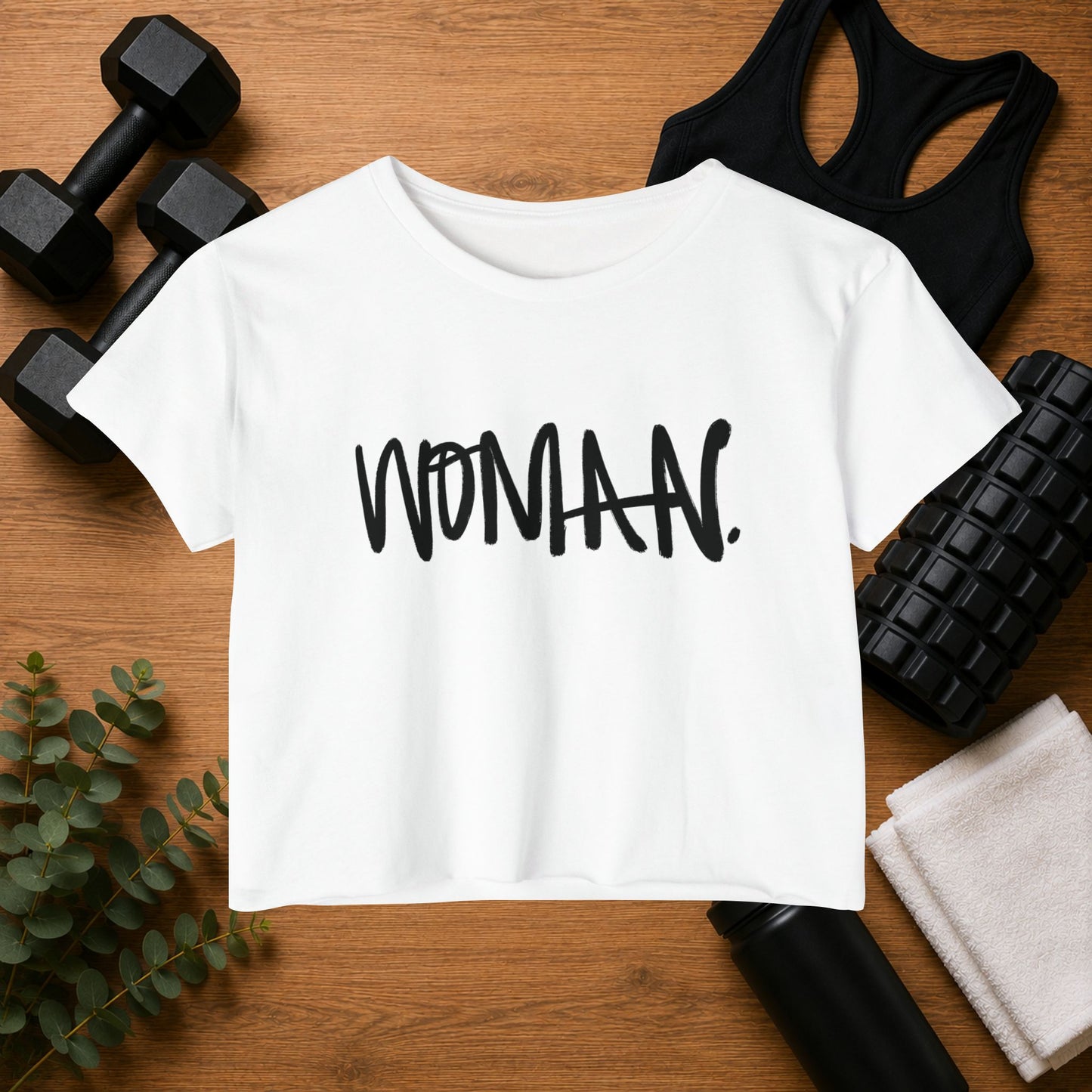 Emily Young Fitness Women's Crop Top — 'Woman' Script Graphic
