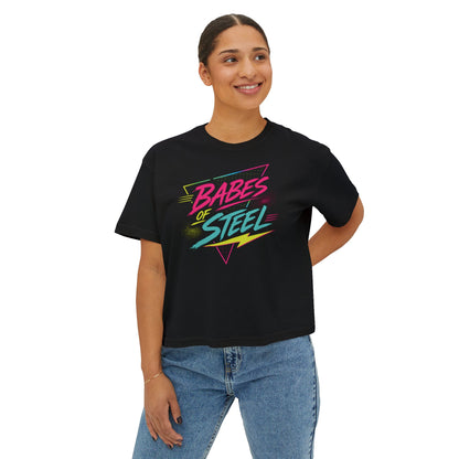 Emily Young Fitness - Babes of Steel Women's Boxy Tee — Retro Neon Fitness Crop Top