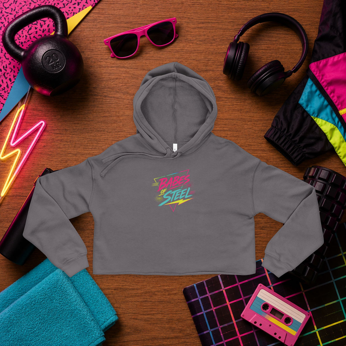 Cropped Hoodie — 'Babes of Steel' Retro Fitness Cropped Hoodie