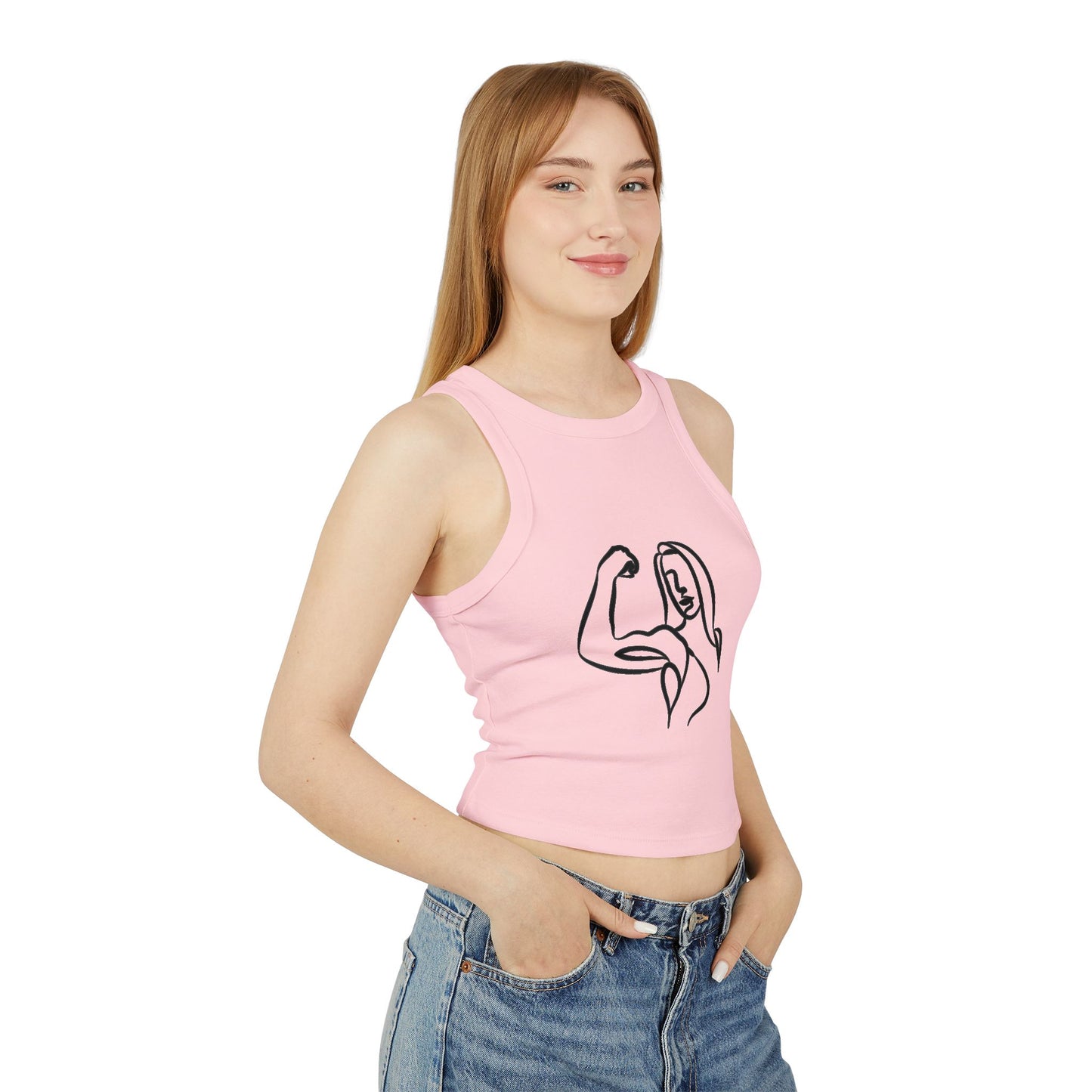 Emily Young Fitness Women's Racer Tank — Minimal Line Art Muscle Pose Crop Top