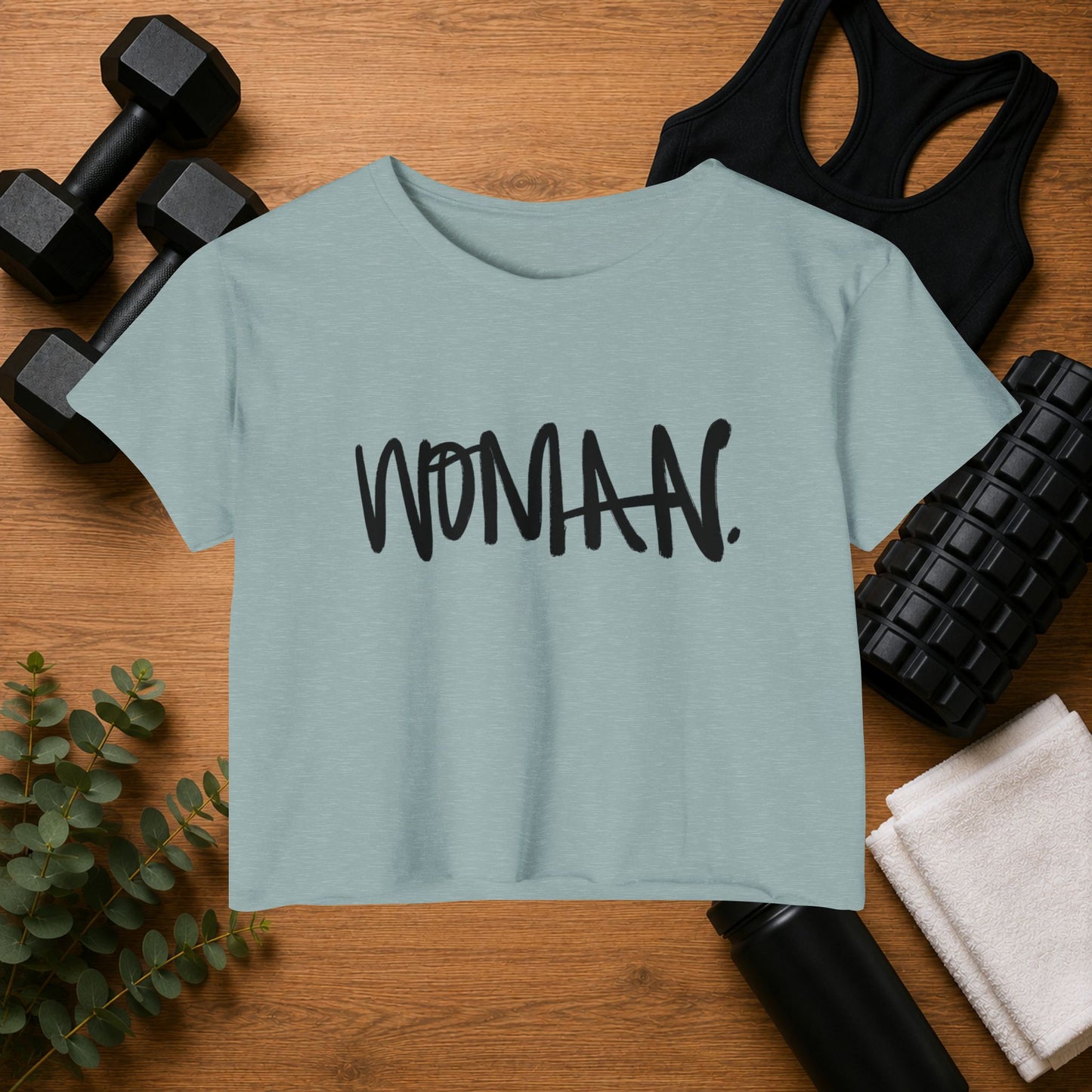 Emily Young Fitness Women's Crop Top — 'Woman' Script Graphic