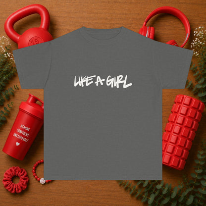 Emily Young Fitness Youth Tee — "LIKE A GIRL" Graphic Workout Shirt
