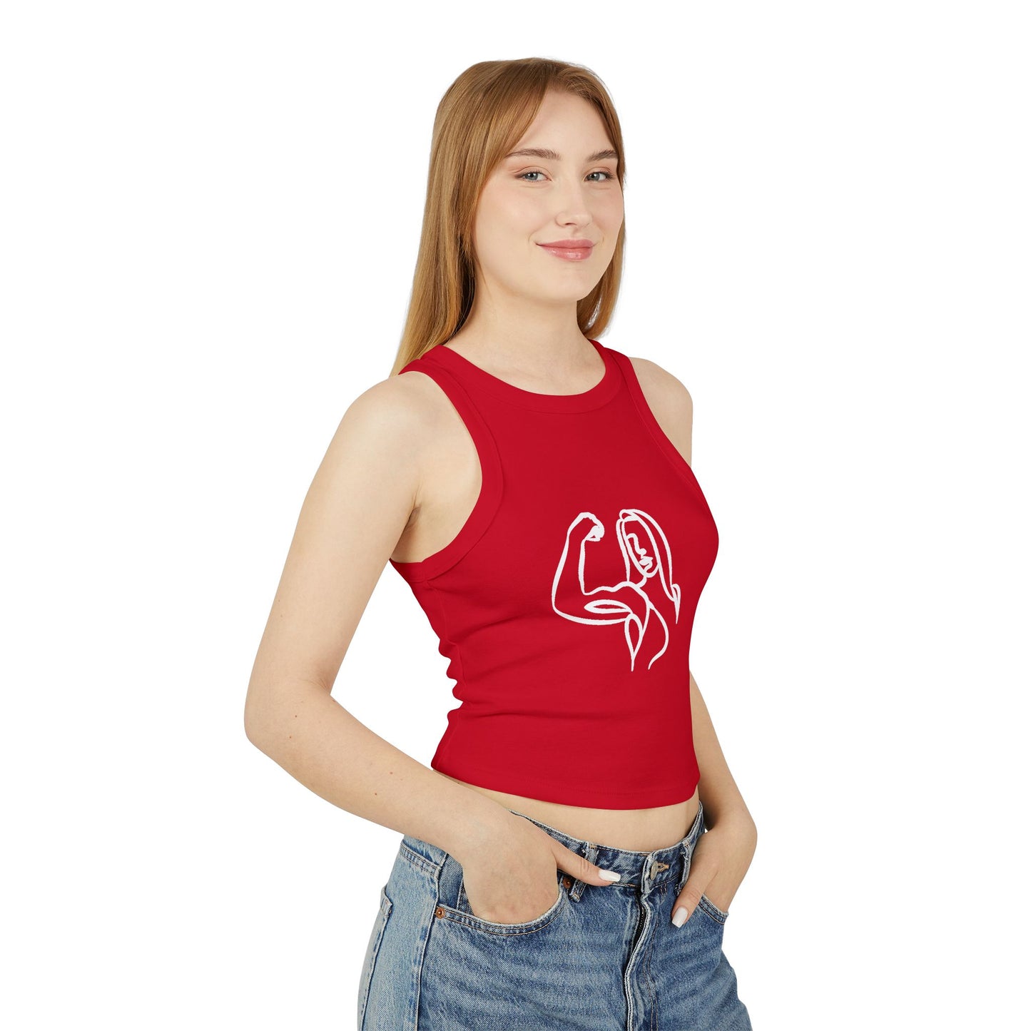 Emily Young Fitness Women's Racer Tank — Minimal Line Art Muscle Pose Crop Top