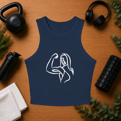 Emily Young Fitness Women's Racer Tank — Minimal Line Art Muscle Pose Crop Top
