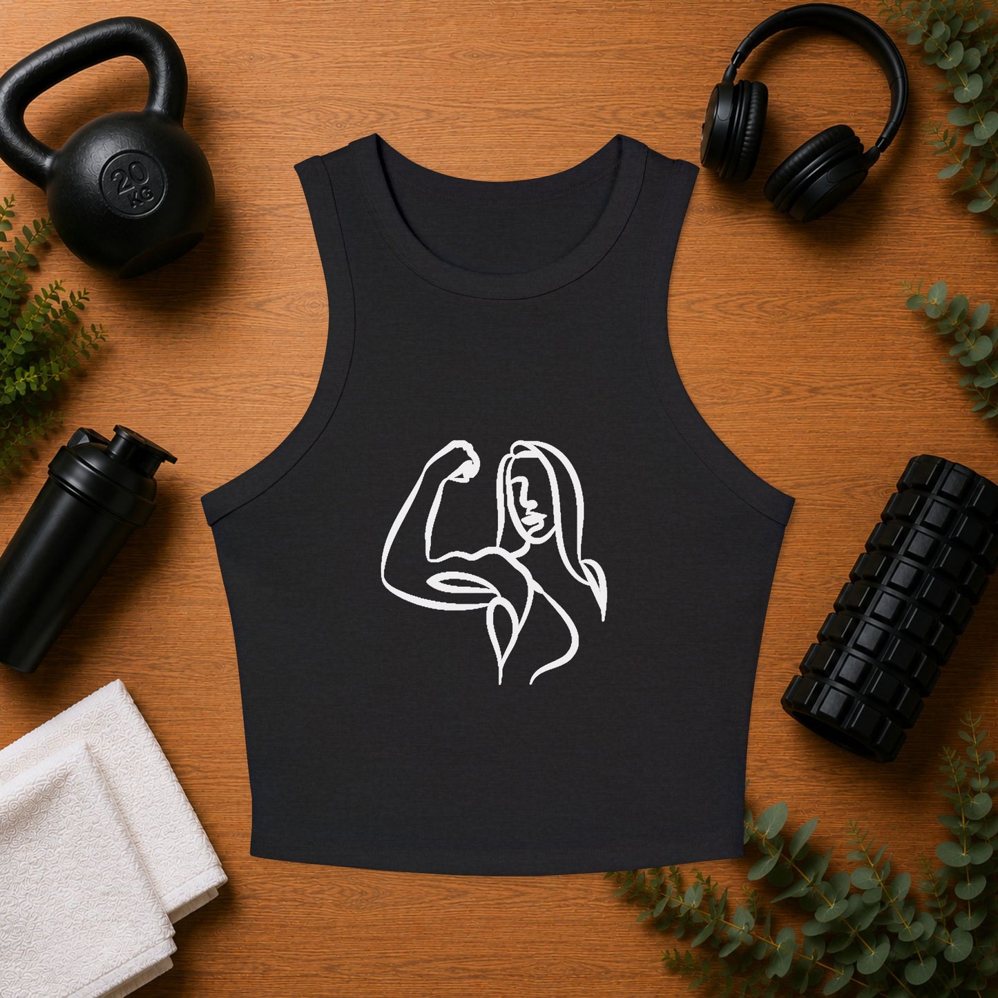 Emily Young Fitness Women's Racer Tank — Minimal Line Art Muscle Pose Crop Top