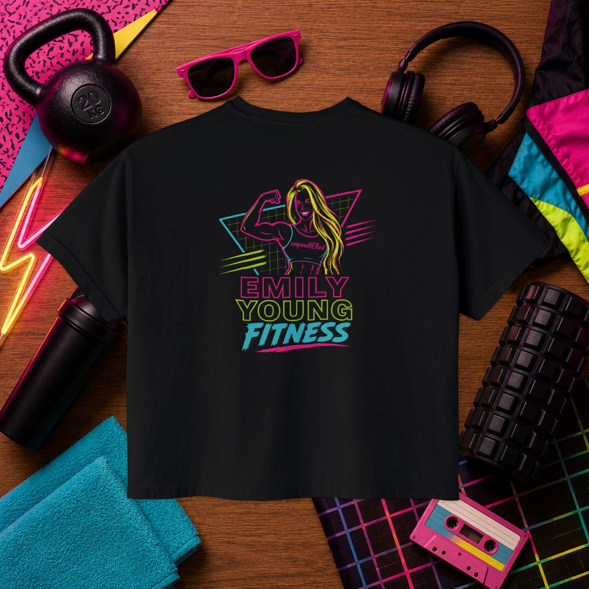 Emily Young Fitness - Babes of Steel Women's Boxy Tee — Retro Neon Fitness Crop Top