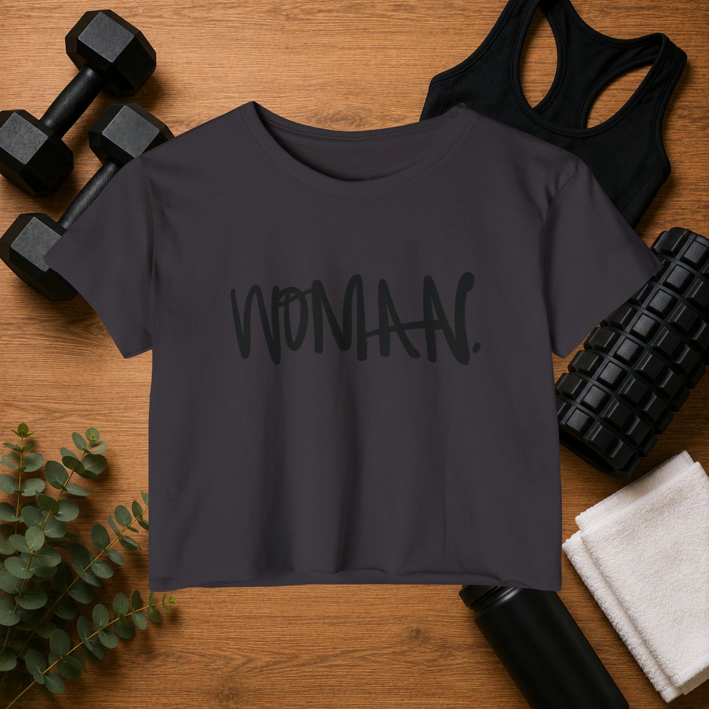 Emily Young Fitness Women's Crop Top — 'Woman' Script Graphic
