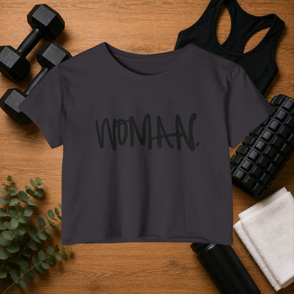 Emily Young Fitness Women's Crop Top — 'Woman' Script Graphic