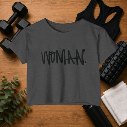 Emily Young Fitness Women's Crop Top — 'Woman' Script Graphic