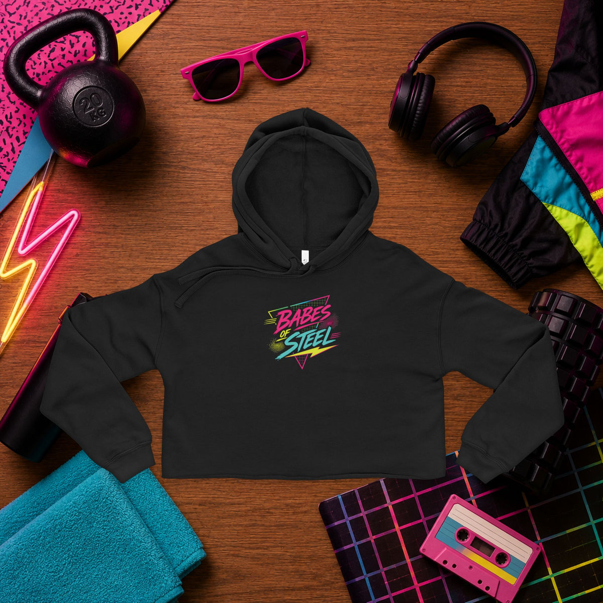 Cropped Hoodie — 'Babes of Steel' Retro Fitness Cropped Hoodie