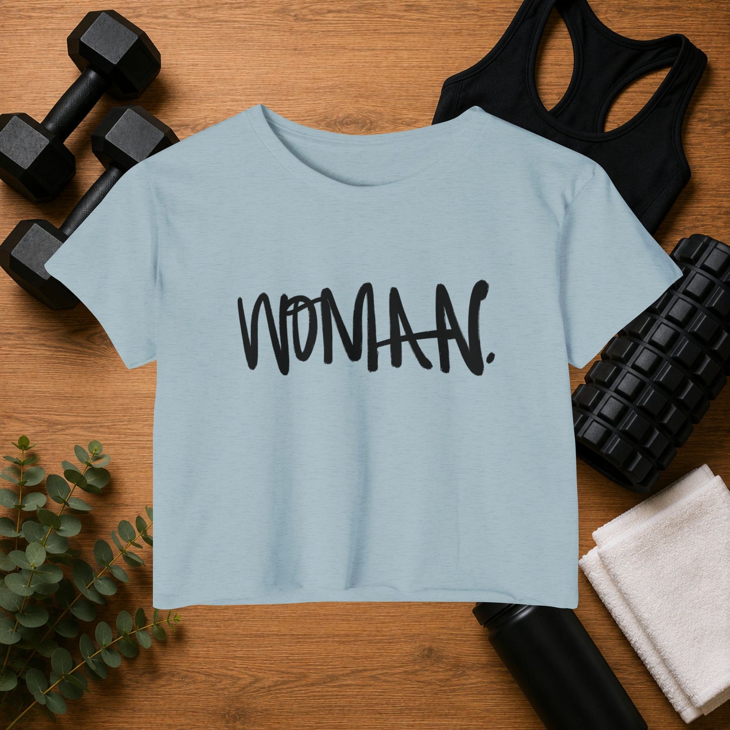 Emily Young Fitness Women's Crop Top — 'Woman' Script Graphic