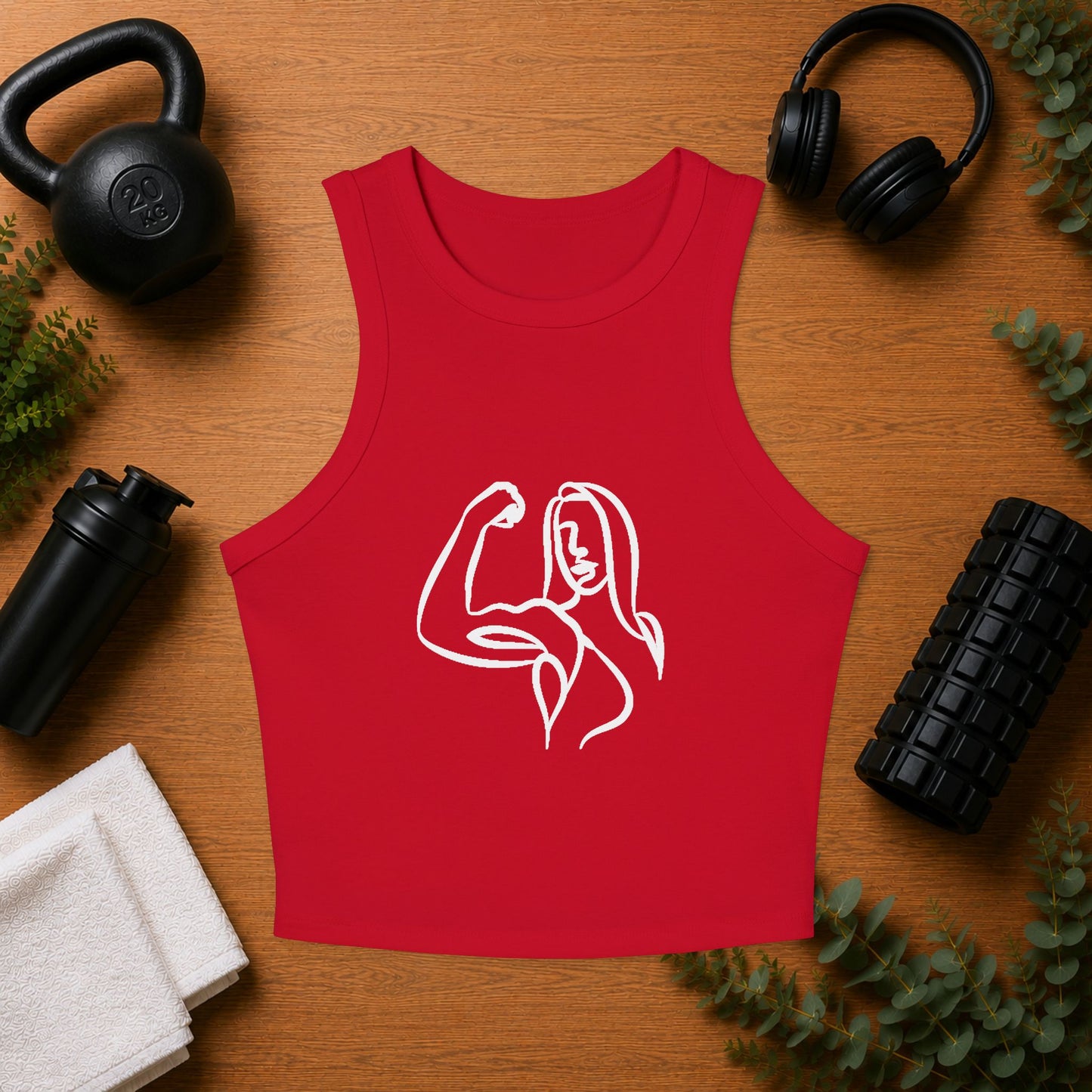Emily Young Fitness Women's Racer Tank — Minimal Line Art Muscle Pose Crop Top