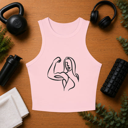 Emily Young Fitness Women's Racer Tank — Minimal Line Art Muscle Pose Crop Top