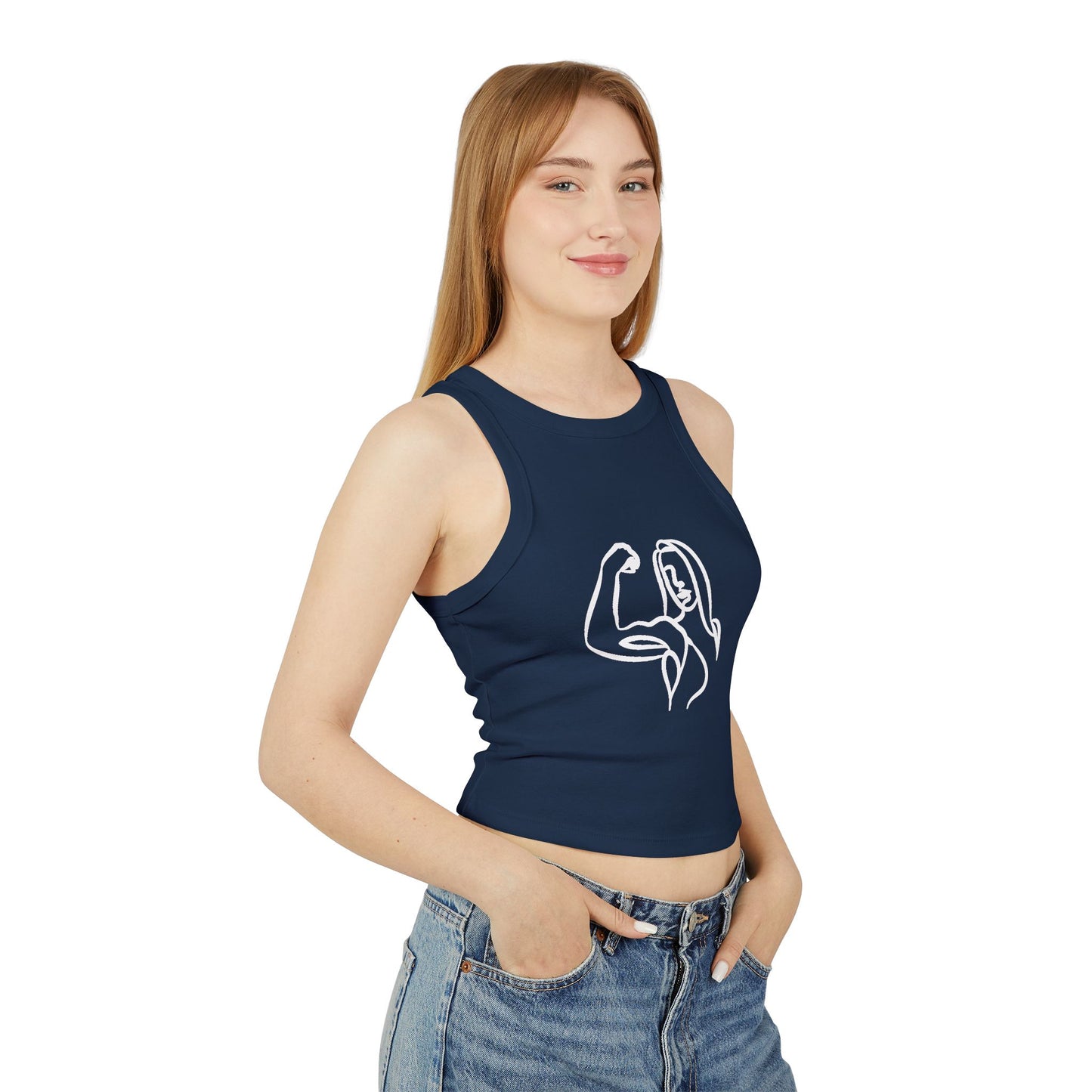 Emily Young Fitness Women's Racer Tank — Minimal Line Art Muscle Pose Crop Top